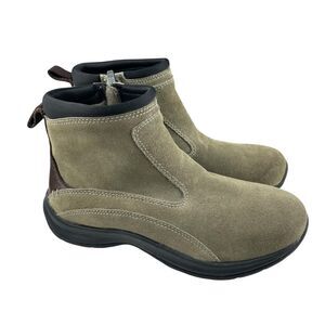 Lands End Women's Ankle Booties 7.5 B Olive Green Suede Leather Side Zip Boots